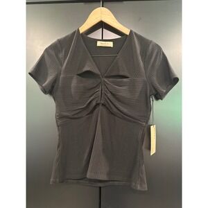 Bailey 44 Florence Rib Top Black Cutout Ruched V-Neck Short Sleeve Blouse Small‎